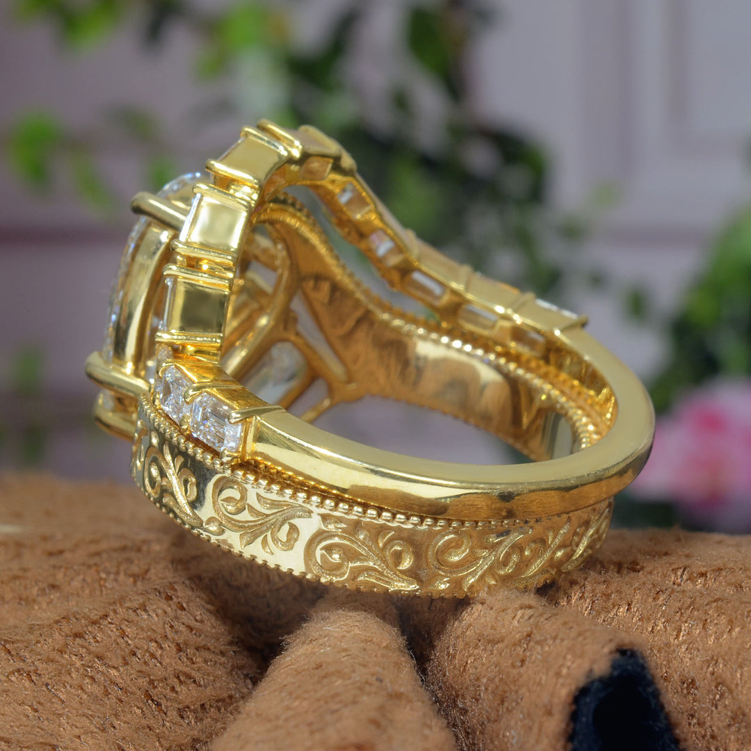 Toi et Moi Emerald & Pear Diamond Bypass Ring with engraving details on shank with curved emerald cut matching band in yellow gold side & bottom view