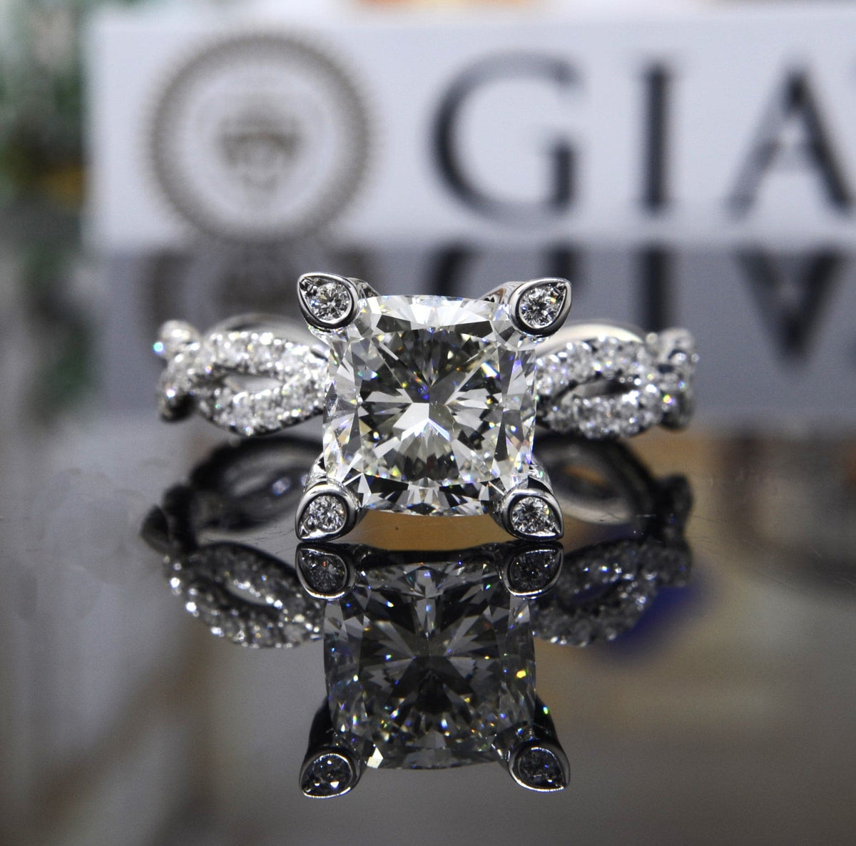 Cushion cut hidden halo front view