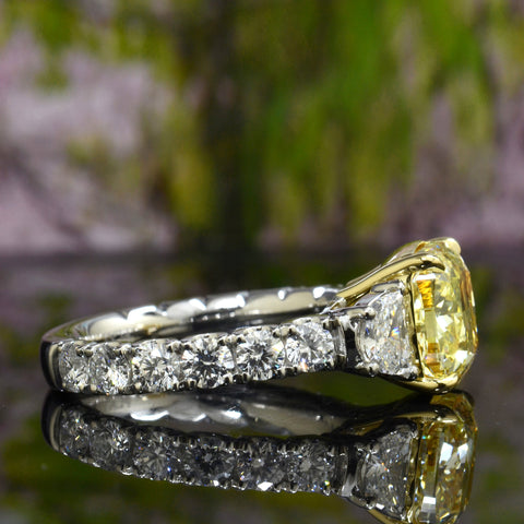 5 Ctw.  Canary Fancy Yellow Cushion, Half Moon & Round Cut Accent Ring VS1 GIA Certified