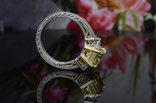  Yellow Elongated Radiant Cut & Trapezoids Diamond Ring Profile View