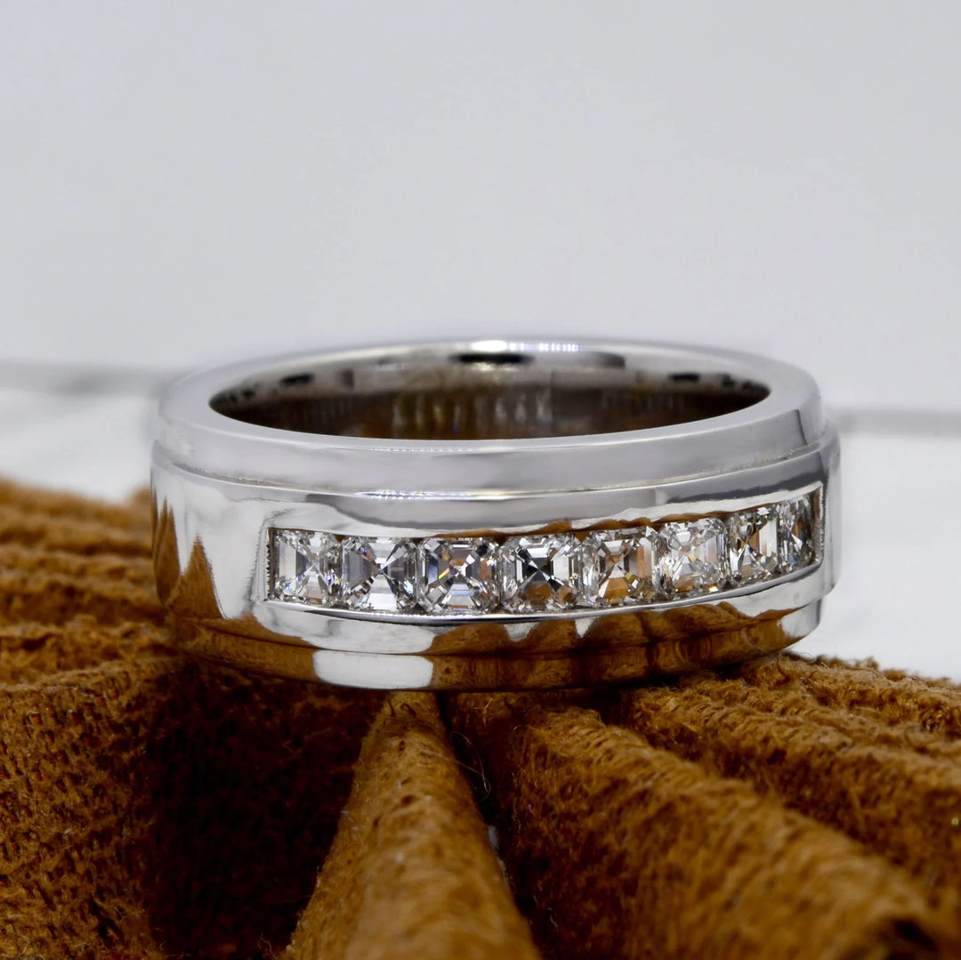 Lab Grown Asscher Cut Diamond 8-Stone Channel Men's Ring 8mm (1.50 Ctw)