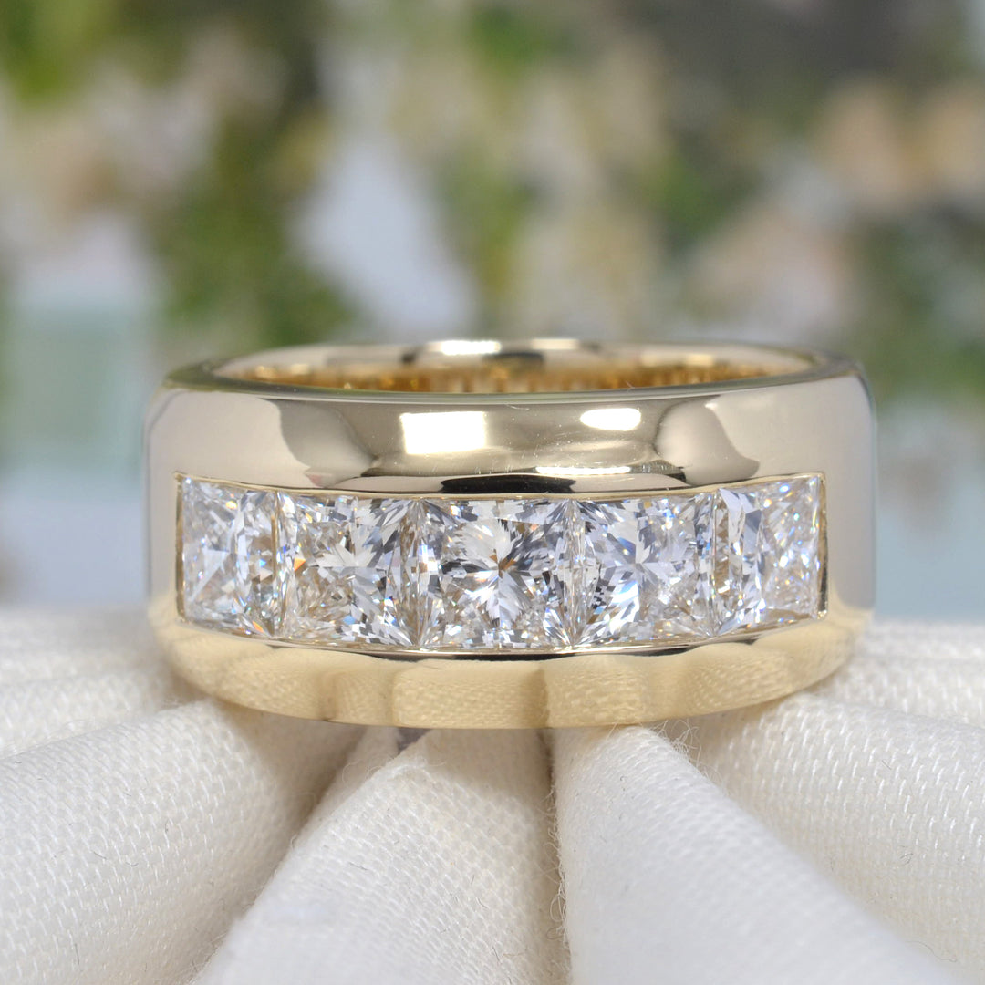 Men's Princess Cut Channel Set 5-Stone Ring 10mm width in yellow gold