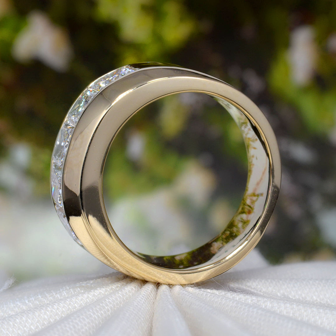 Men's Princess Cut Channel Set 5-Stone Ring 10mm width in yellow gold side profile view