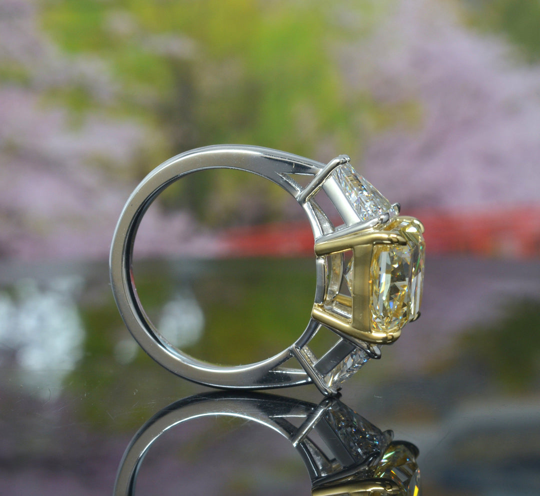 7.80 Ctw Canary Fancy Yellow Elongated Radiant with Trillions 3-Stone Ring VS1 GIA
