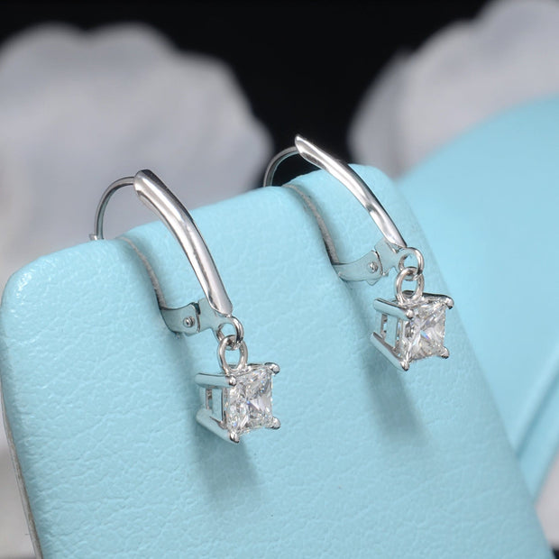 1.00 Ctw Lever Back Dangling Princess Cut Diamond Earrings H, SI2 GIA Certified