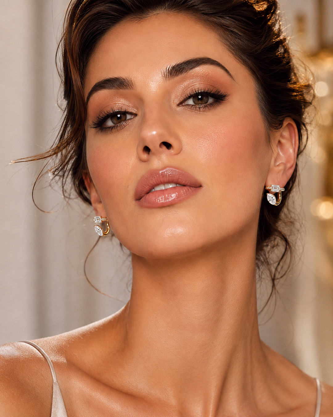 Lab Grown Emerald & Marquise Cut Two-Stone Earrings with Round Pave