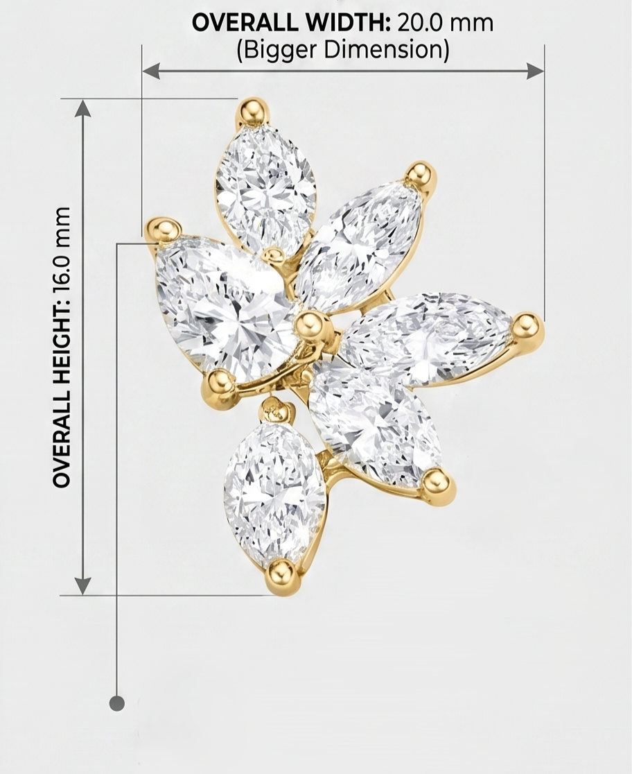 Cluster Marquise & Pear cut stud earrings in yellow gold dimensions