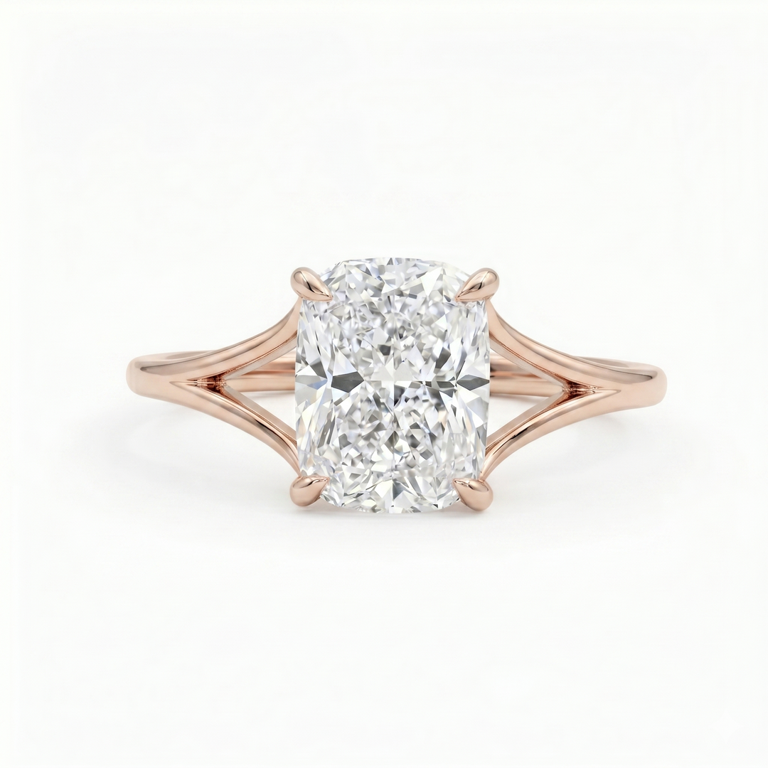 Elongated Cushion Solitaire Split Shank Ring in rose gold