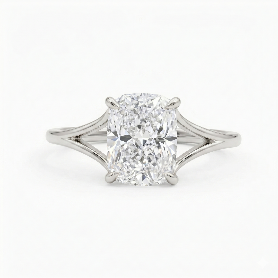 Elongated Cushion Solitaire Split Shank Ring in white gold