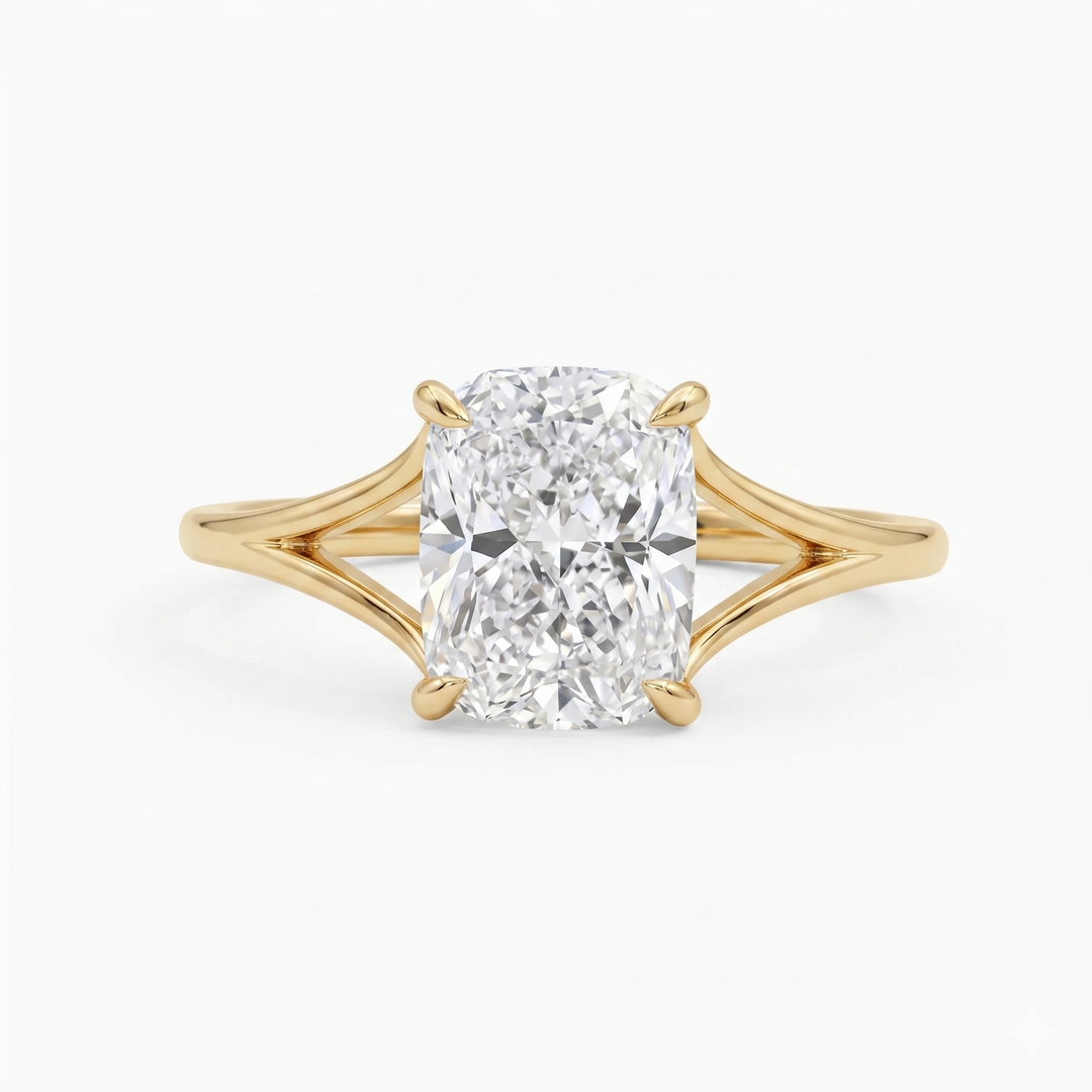 Elongated Cushion Solitaire Split Shank Ring in yellow gold