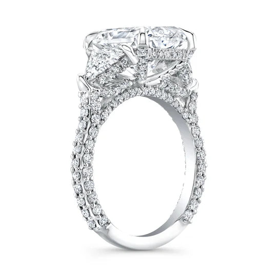 Cushion cut with side trillions and 3 row pave diamond ring in white gold