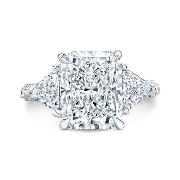  Elongated Radiant Cut 3 Stone Ring with Trillions Side View Front View