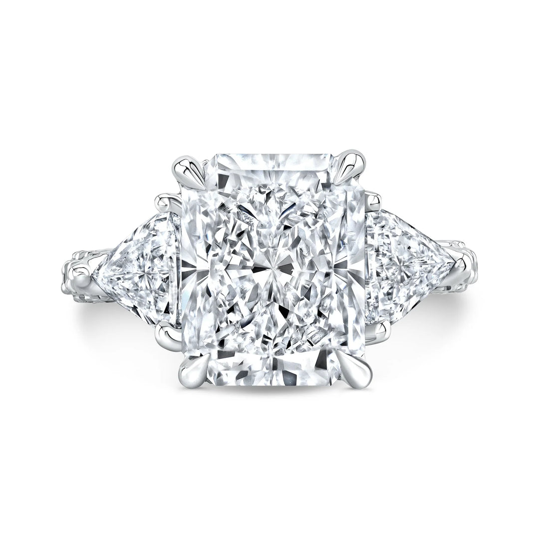 Radiant cut with side trillions and 3 row pave diamond ring in white gold top view