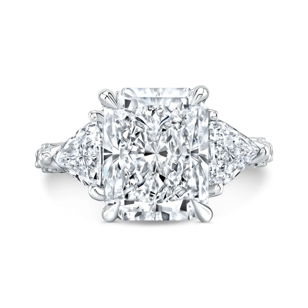 Radiant cut with side trillions and 3 row pave diamond ring in white gold top view