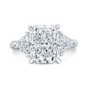  Elongated Radiant Cut 3 Stone Ring with Trillions Side View Front View