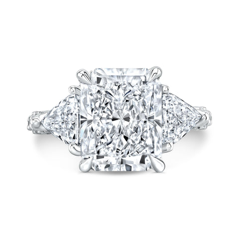  Elongated Radiant Cut 3 Stone Ring with Trillions Side View Front View