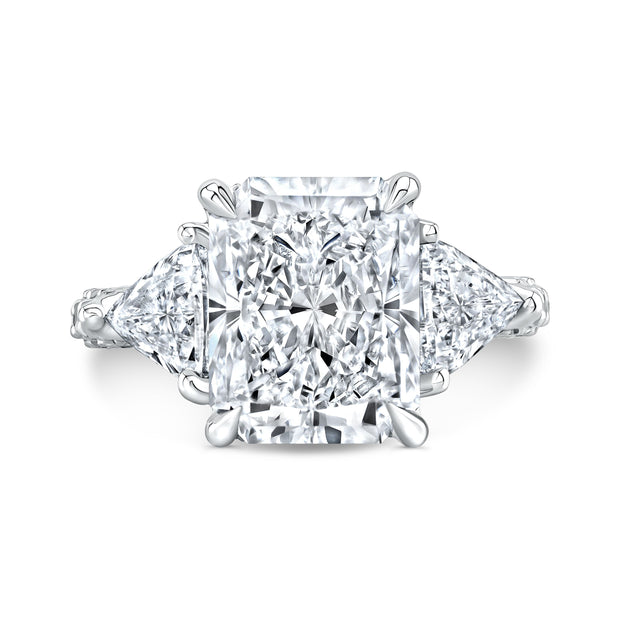  Elongated Radiant Cut 3 Stone Ring with Trillions Side View Front View
