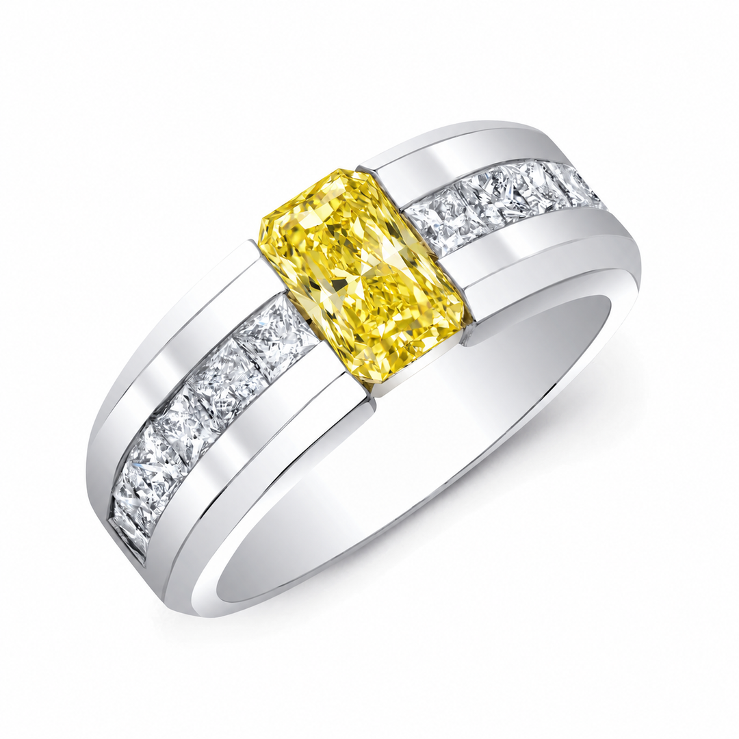 Elongated Radiant Fancy Intense Yellow and Princess Diamond Ring Tension Set