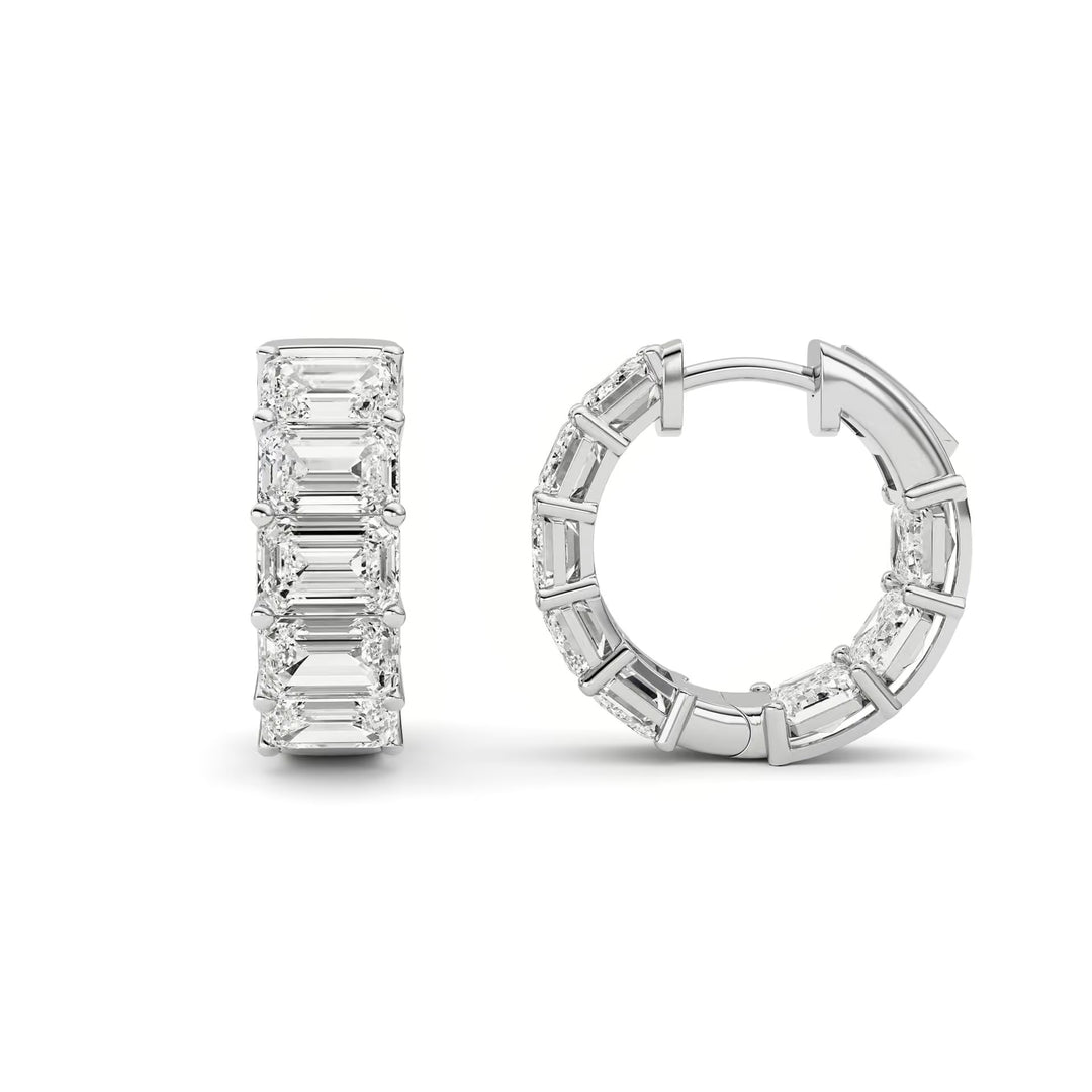 Emerald Cut Diamond Hoop Earrings in White Gold front and side profile