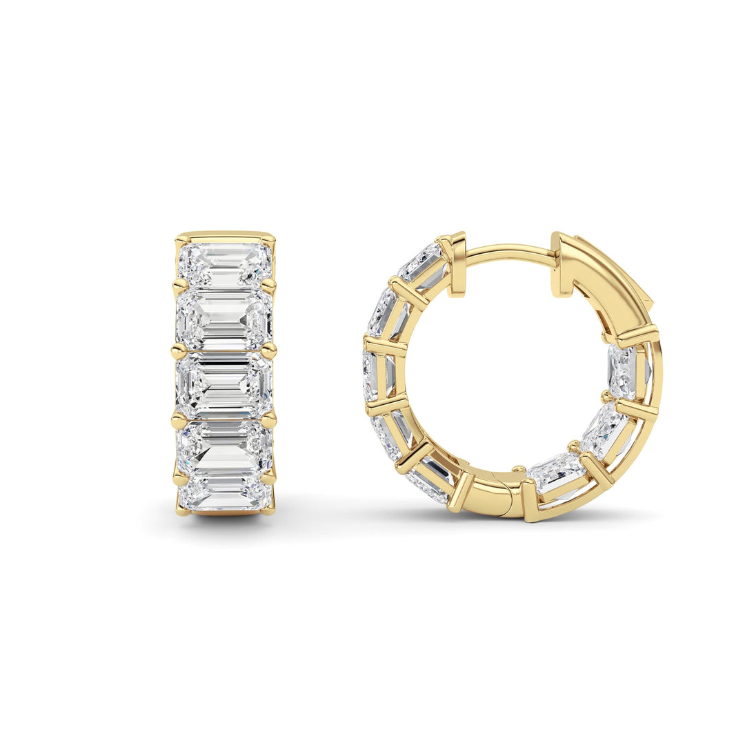 Emerald Cut Diamond Hoop Earrings in Yellow Gold front and side profile