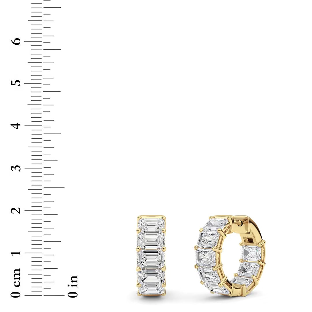Emerald Cut Diamond Hoop Earrings in Yellow Gold front and side profile with size measurement