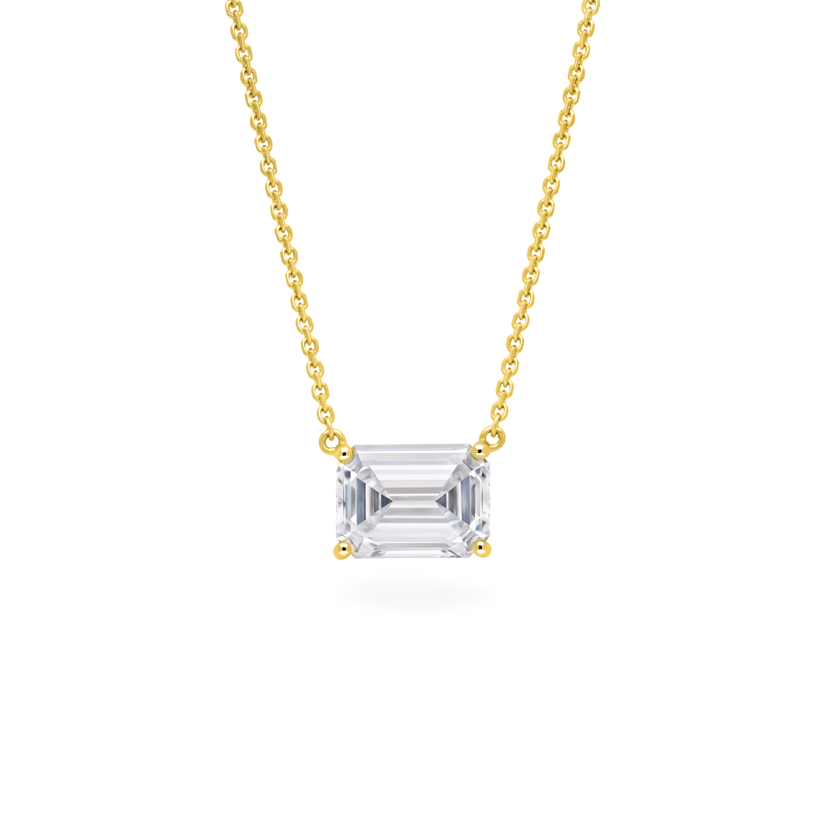 Emerald cut diamond east west solitaire necklace in yellow gold