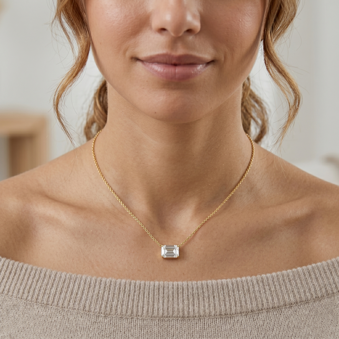 Lab Grown Diamond Emerald Cut East-West Solitaire Necklace IGI Certified