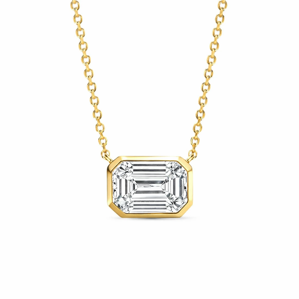 Diamond Bezel Emerald Cut East-West Pendant Necklace in yellow gold Front view