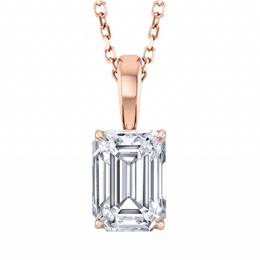 Emerald Cut solitaire Pendant with chain in rose gold front view