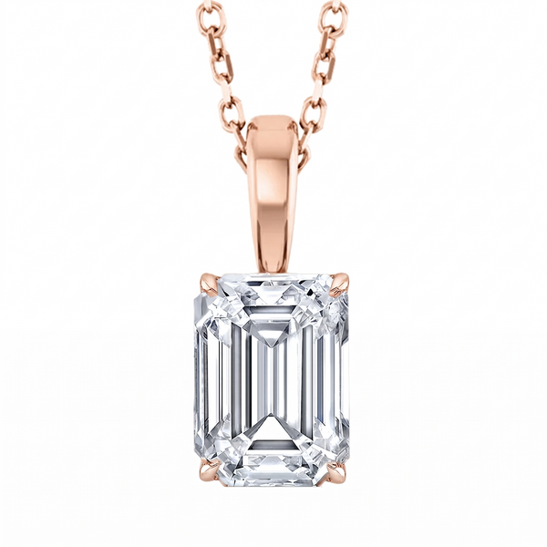 Emerald Cut solitaire Pendant with chain in rose gold front view