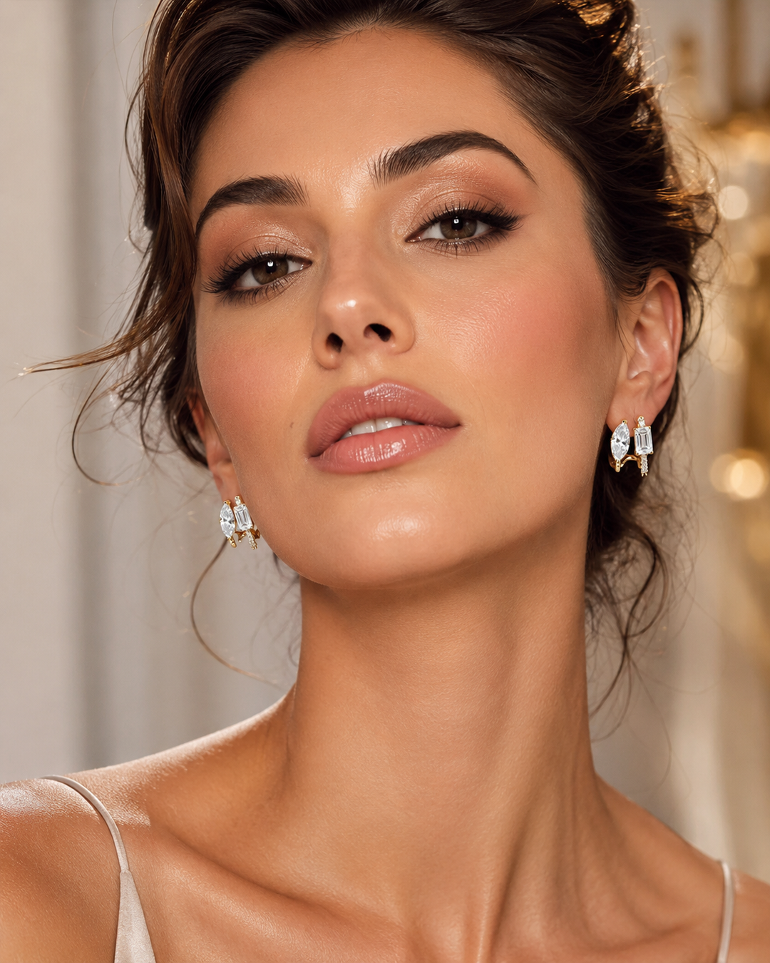 Lab Grown Emerald & Marquise Cut Two-Stone Earrings with Round Pave