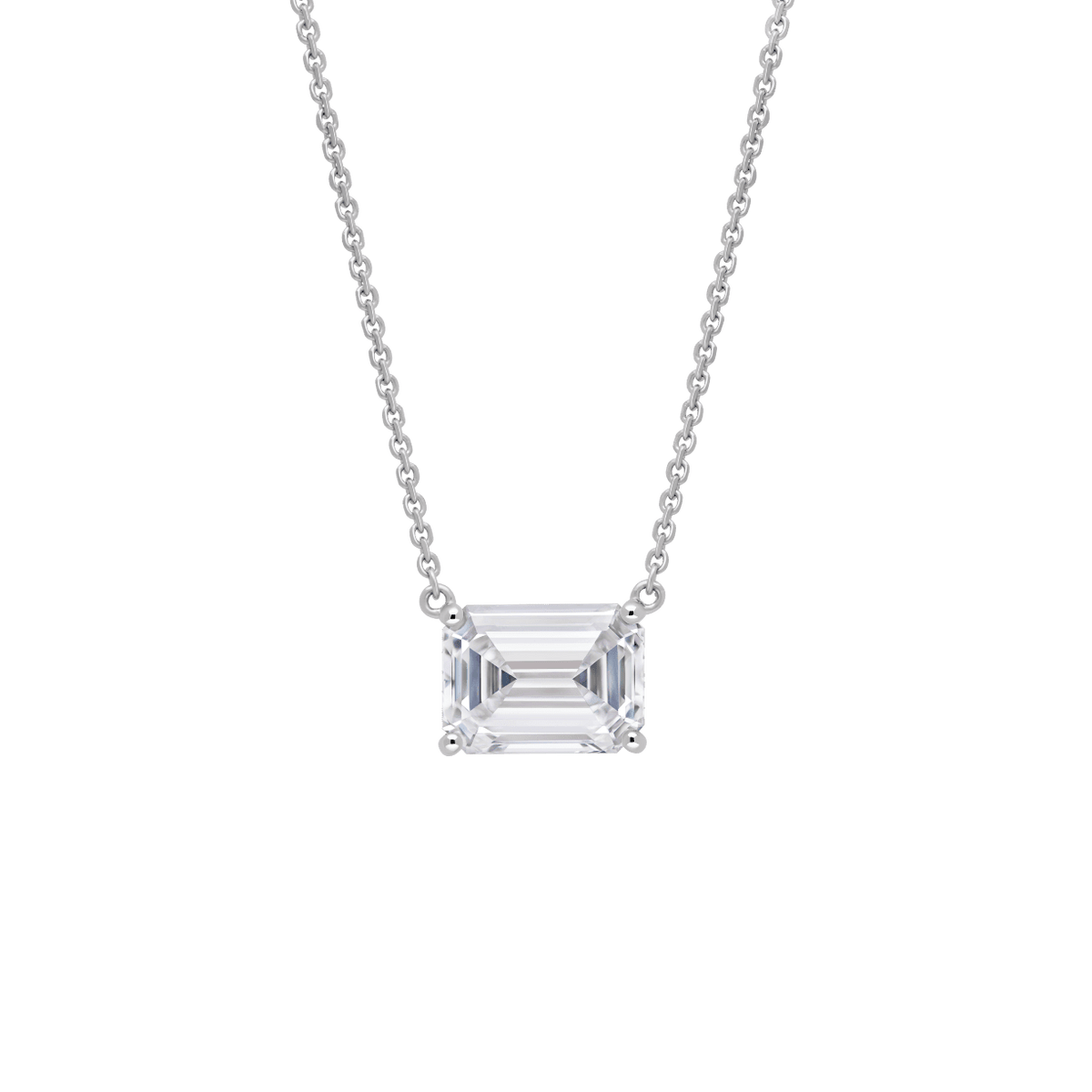 Emerald cut diamond east west solitaire necklace in white gold