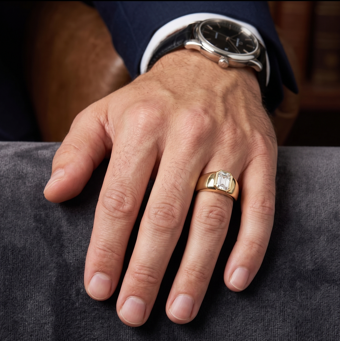 Lab Grown Men's Emerald Cut Diamond Ring Bezel Set IGI Certified