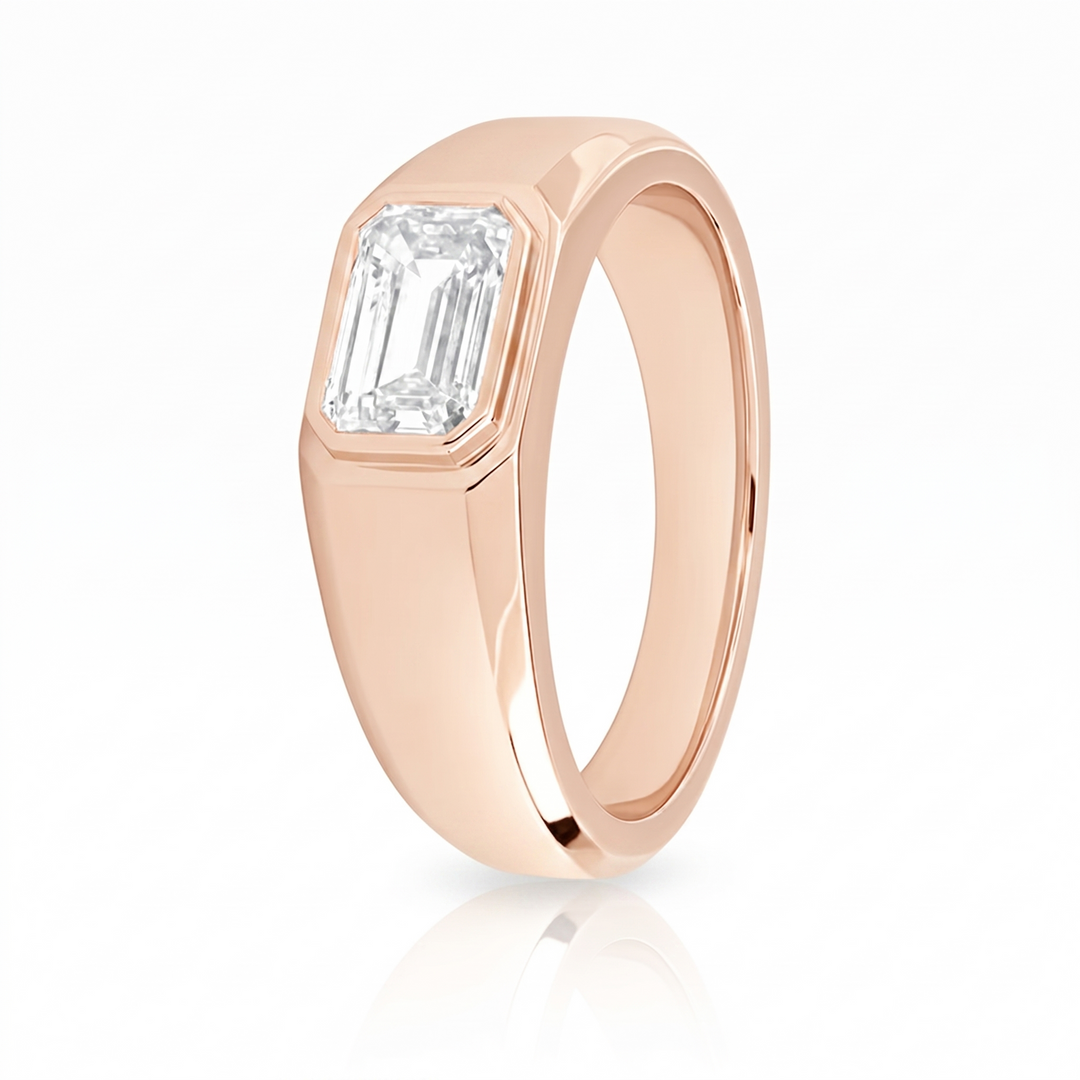 Emerald cut East-West Bezel Set Men's ring in rose gold 