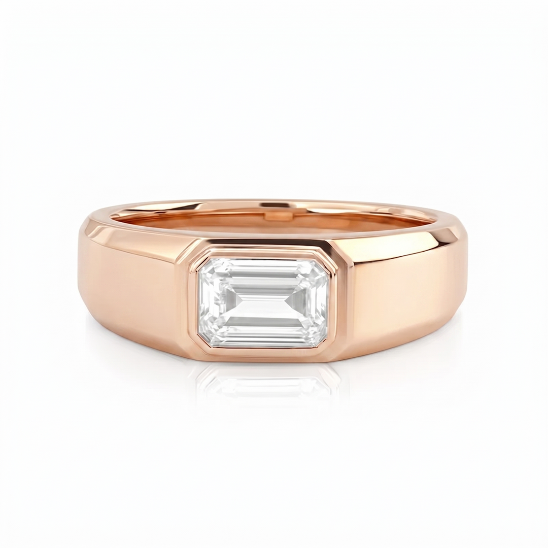 Emerald cut East-West Bezel Set Men's ring in rose gold front view