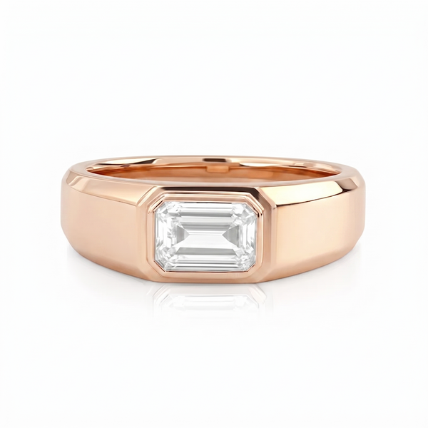 Emerald cut East-West Bezel Set Men's ring in rose gold front view