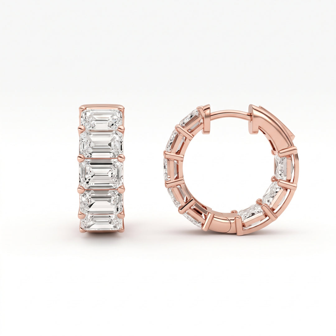 Emerald cut diamond Hoop Earrings in rose gold front and side profile