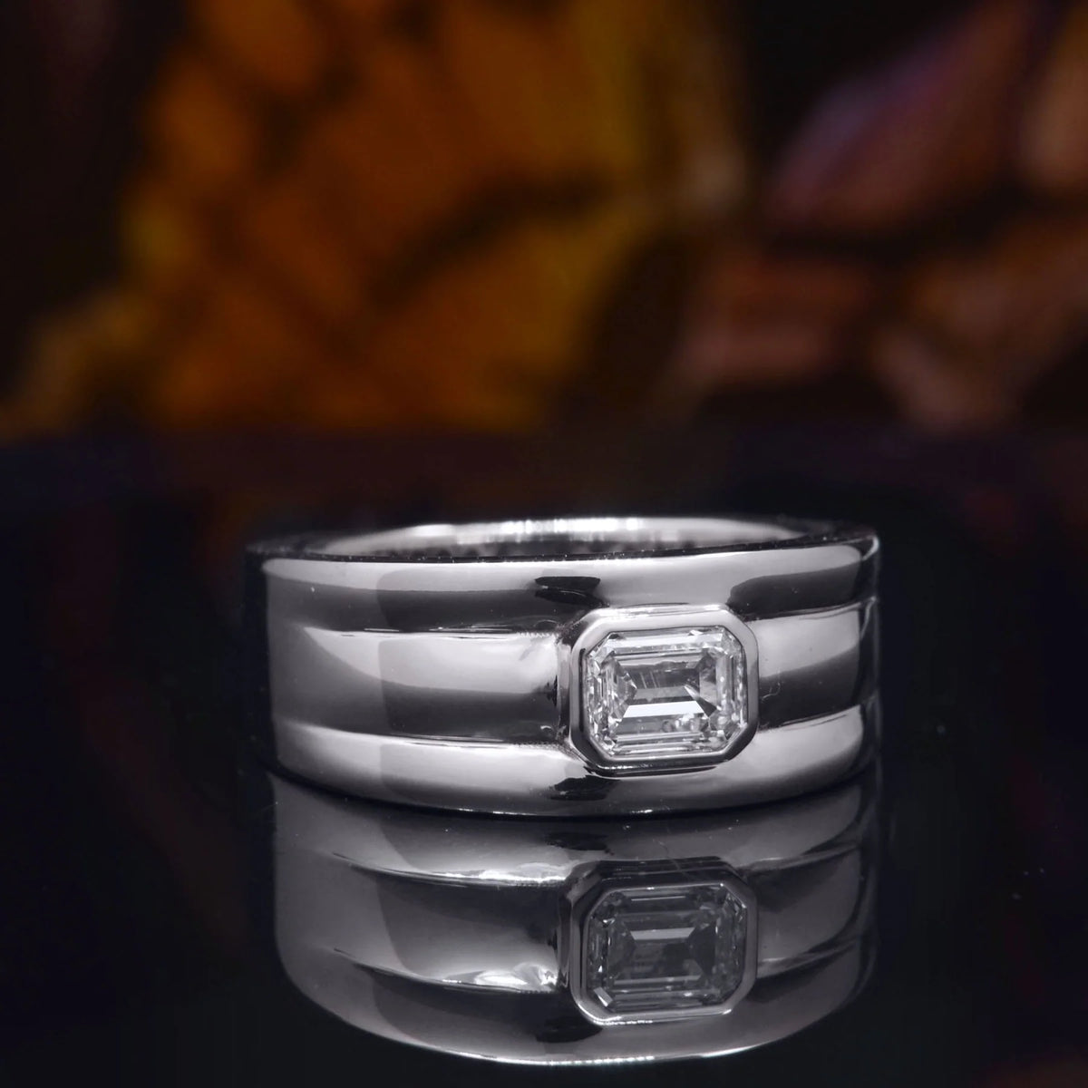 Lab grown men's emerald cut east west bezel ridged ring 9