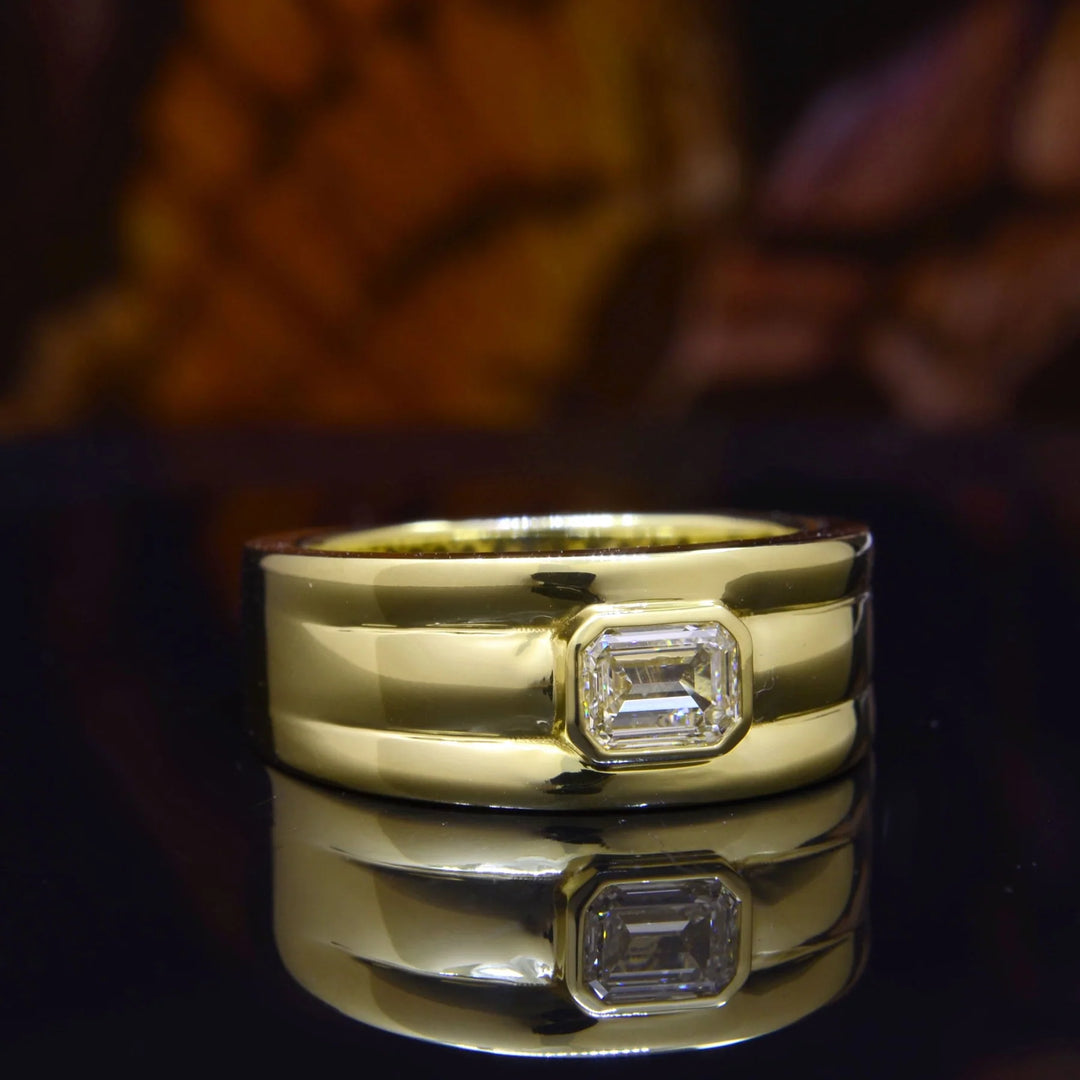 Lab Grown Men's Emerald Cut East-West Bezel Ridged Ring 9.5mm Width IGI Certified