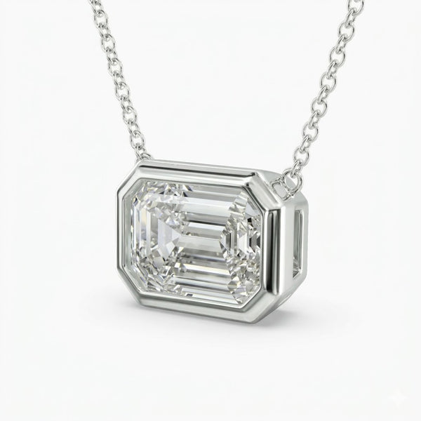 Emerald east west Bezel pendant necklace side profile view 