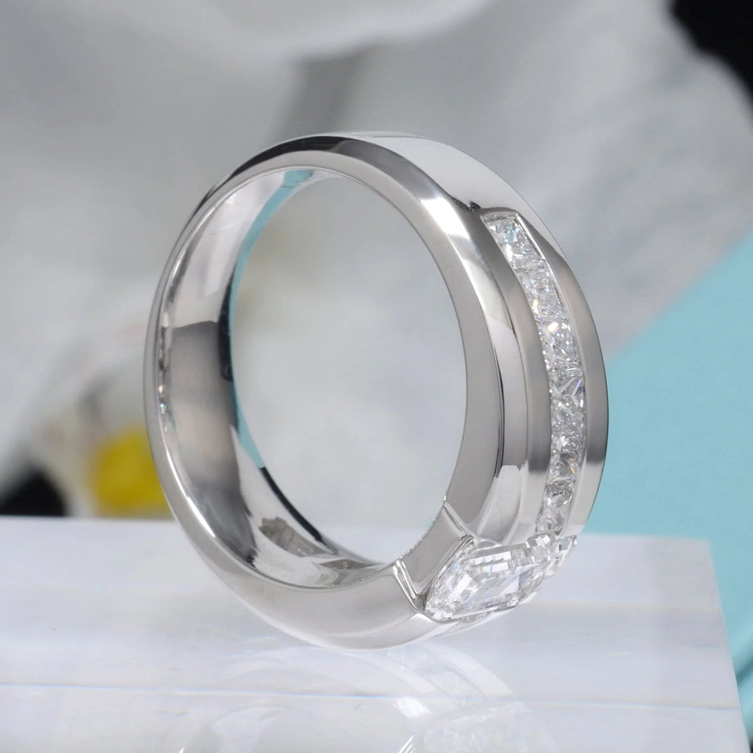 Lab Grown Men's Emerald Cut Tension Ring Princess Channel Set IGI Certified