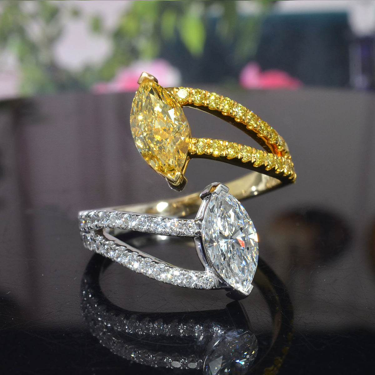 Yellow & white marquise diamond bypass split shank ring front view
