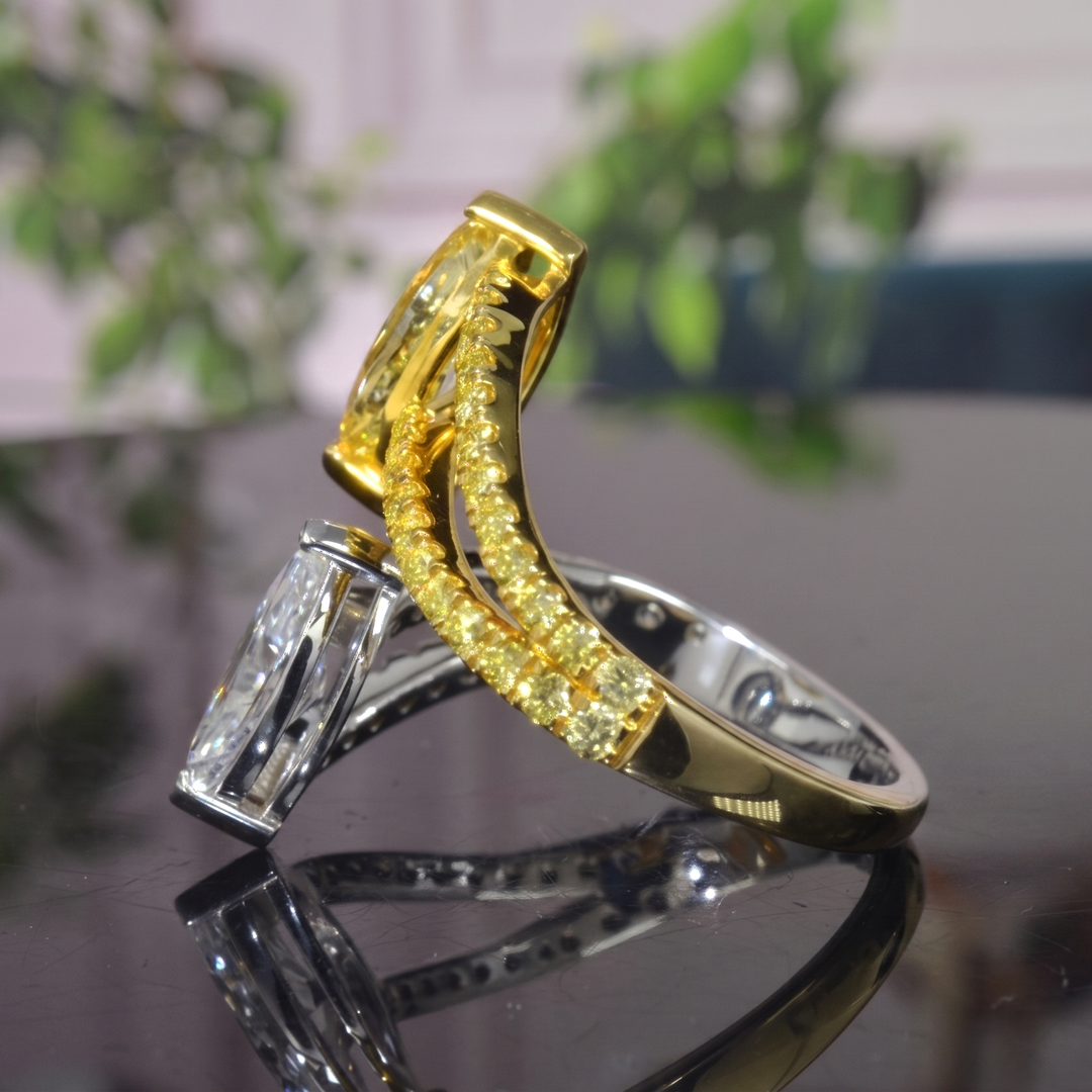 Yellow & White Marquise Diamond Bypass Split Shank Ring side view