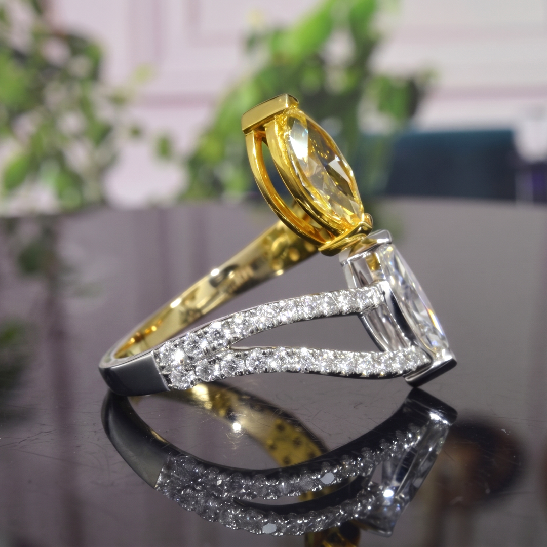 Yellow & White Marquise Diamond Bypass Split Shank Ring side view