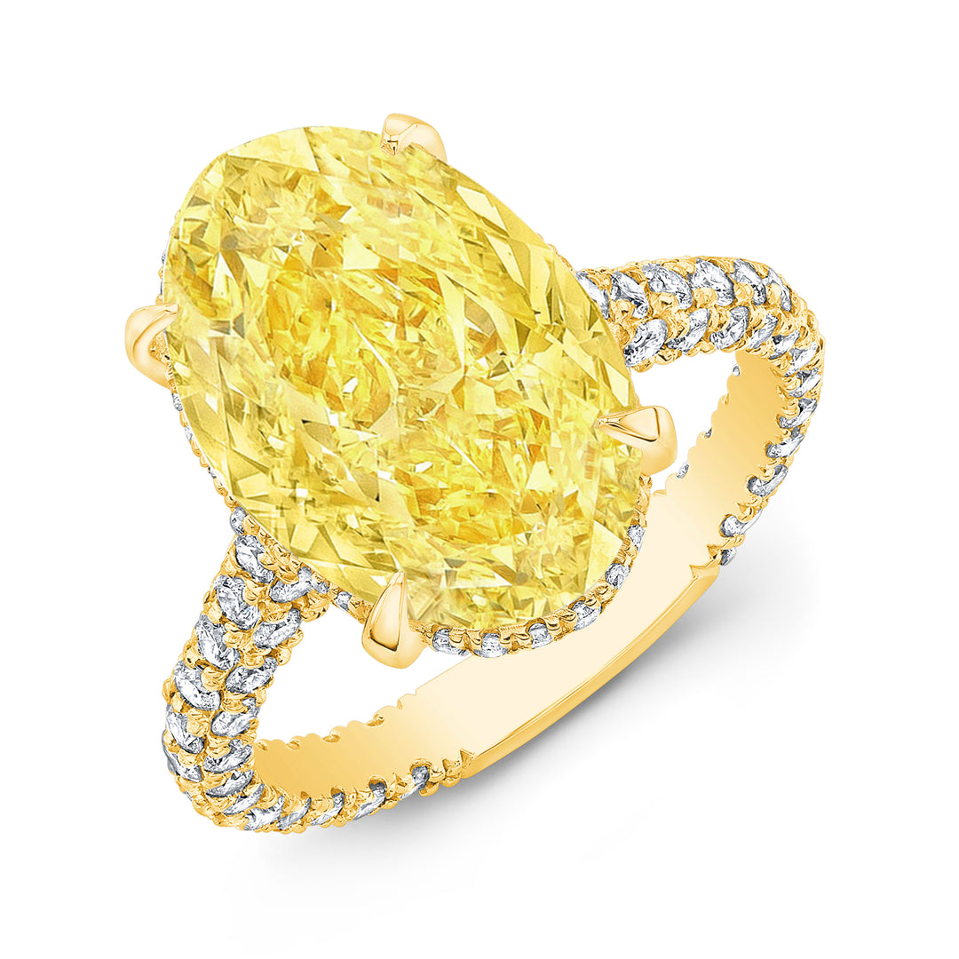 3.20 Ctw Hidden Halo Fancy Light Yellow Oval 3 Row Pave Engagement Ring VVS1 GIA