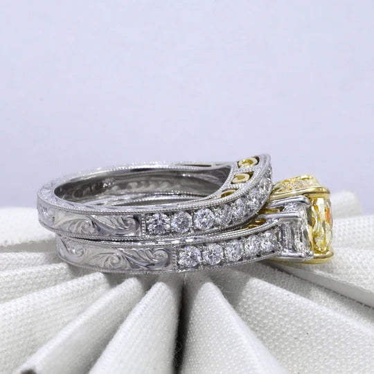 Lab Grown Yellow Cushion Cut Diamond Art-Deco Engagement Ring VVS2 IGI Certified