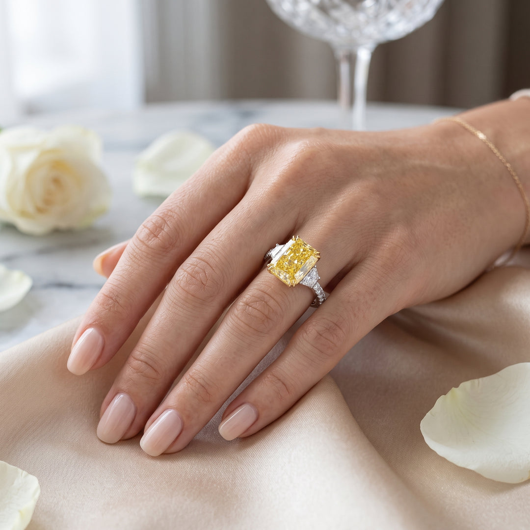 4.40 Ctw Fancy Yellow Elongated Radiant Cut Three Stone Ring VS1 GIA Certified
