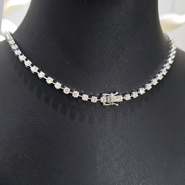 Lab Grown Diamond Floating Round Cut Tennis Necklace on mannequin back view - lock, clasp