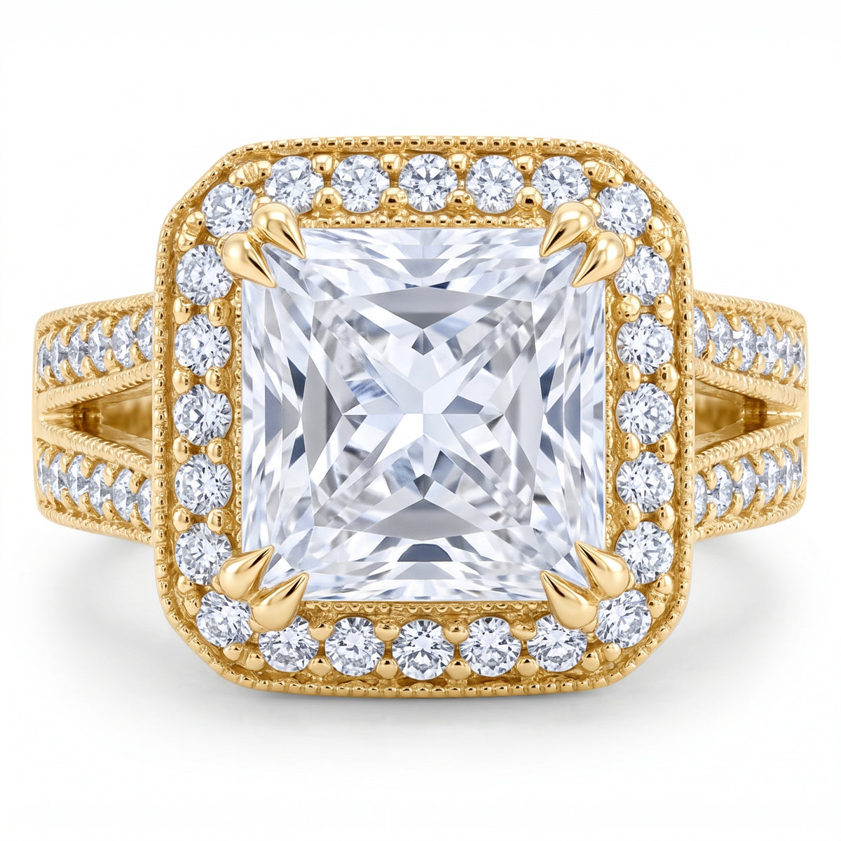 Front_view_pave_halo_split_shank_princess_cut_diamond_ring_yellow_gold