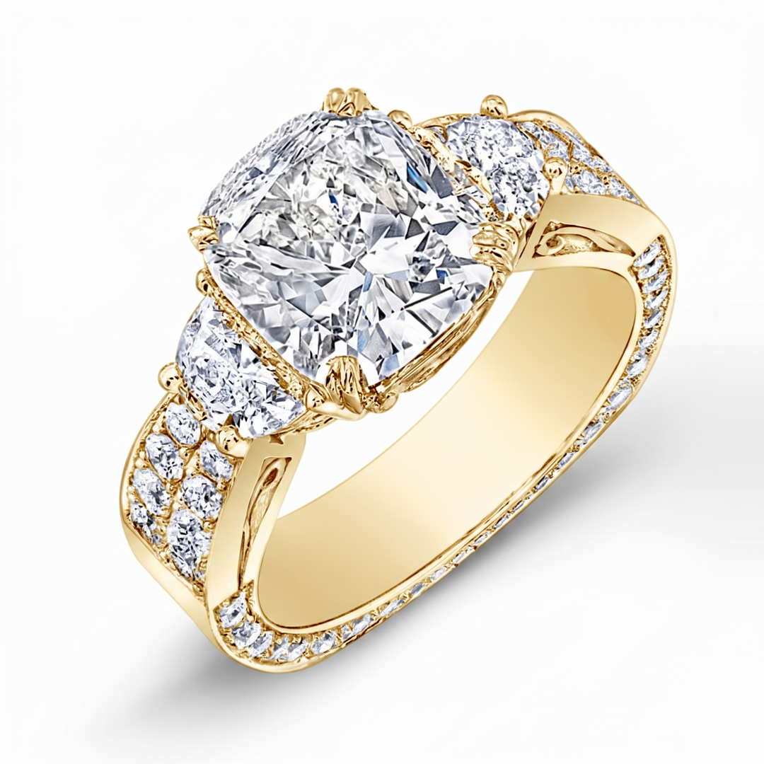 2.60 Ct. Cushion & Half Moon Wide Shank Diamond Ring G Color VS2 GIA Certified